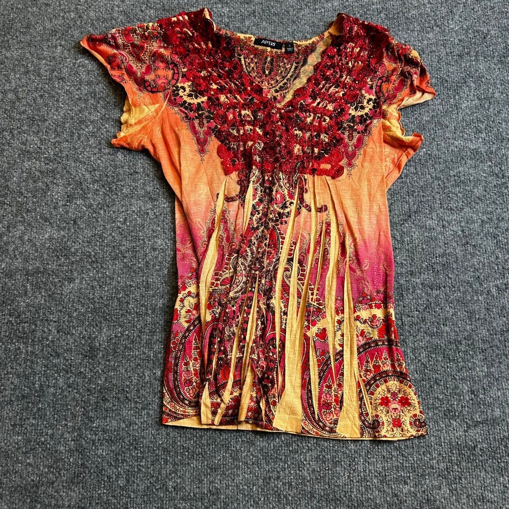 Apt. 9 Top Womens Size S Orange Pink Paisley Crochet Sequin Boho Short Sleeve